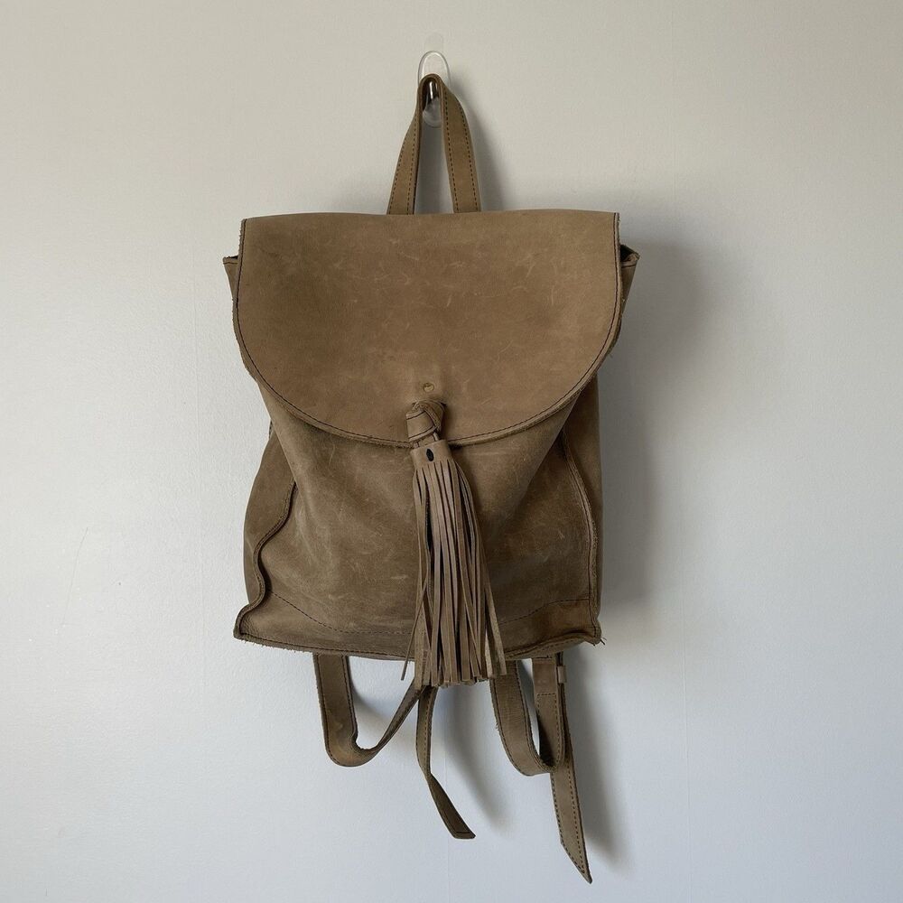 Raven + Lily Emerson Leather Backpack Purse Tassel Fold-Over Closure Brown OS